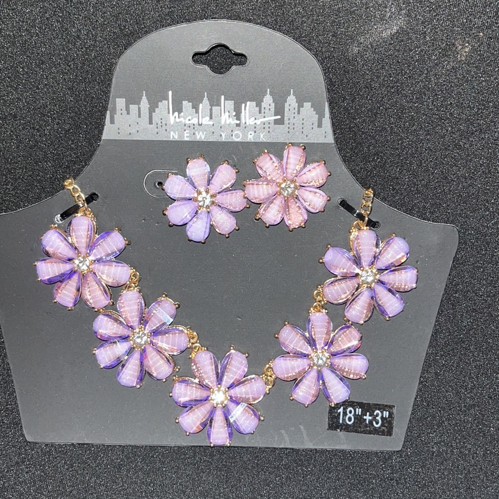 Floral Purple Statement Necklace & Earring Set - Picture 2 of 4